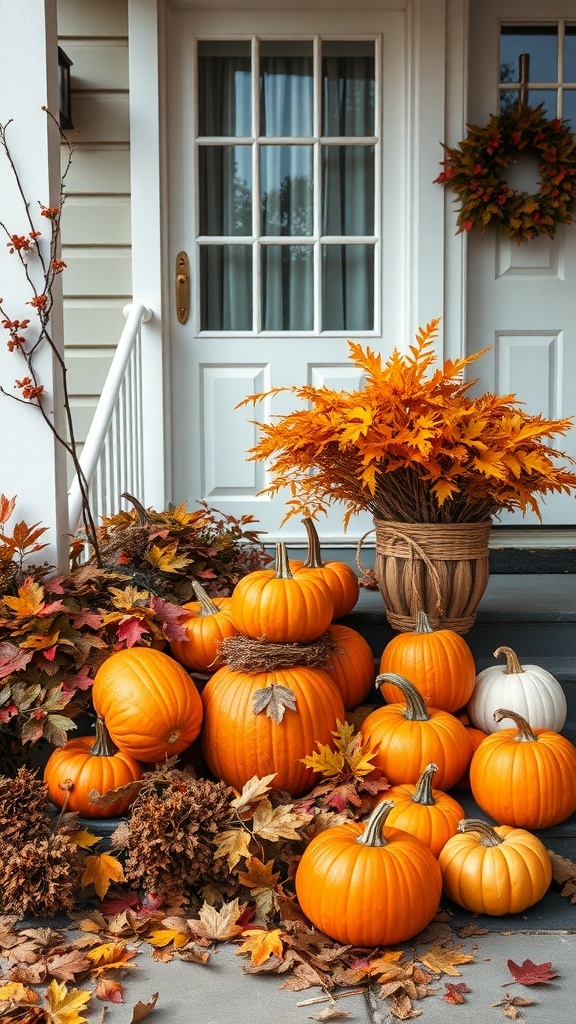 A front porch decorated for fall with pumpkins and autumn leaves.