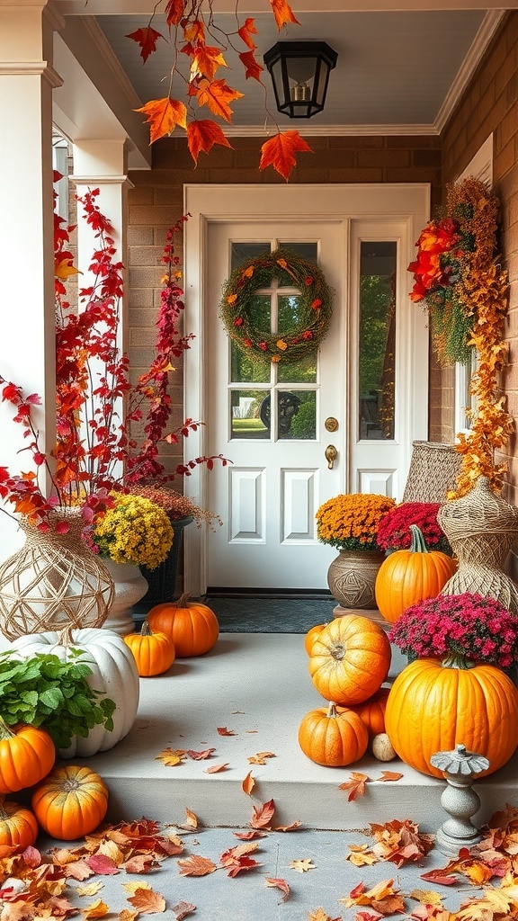 A charming porch decorated for fall with pumpkins, colorful flowers, and autumn leaves.