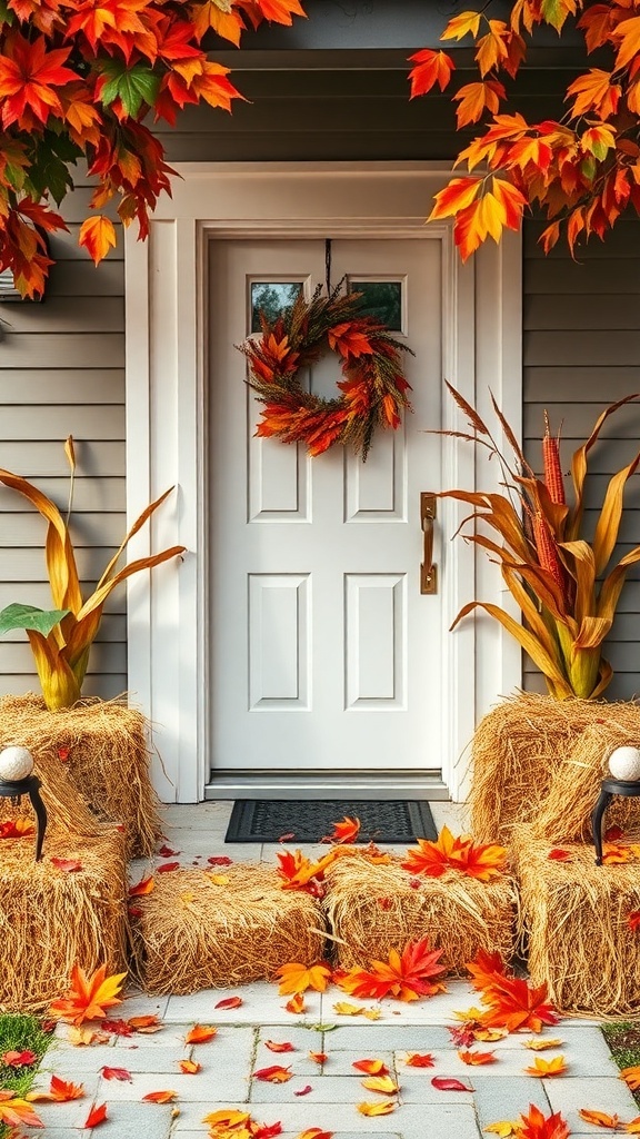 A front porch decorated for fall with a wreath, hay bales, and colorful leaves.