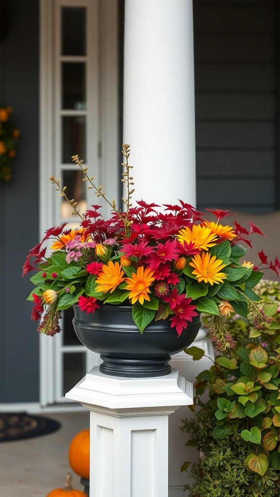 A charming fall planter with vibrant flowers in red and yellow on a porch.