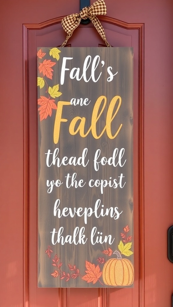 A fall-themed door hanger with colorful leaves and pumpkins, featuring playful text.