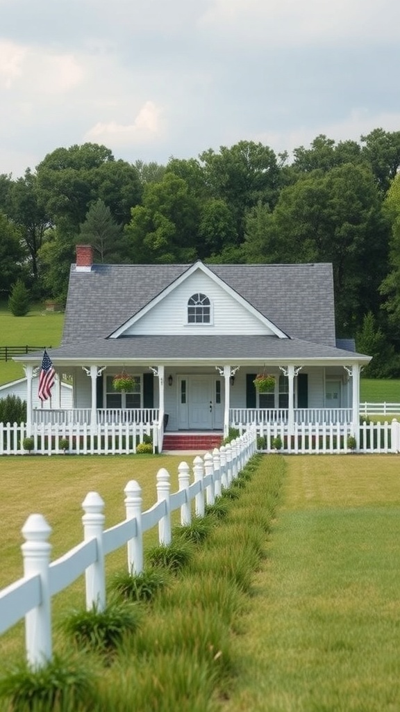 A charming farmhouse with a white picket fence and lush green lawn.