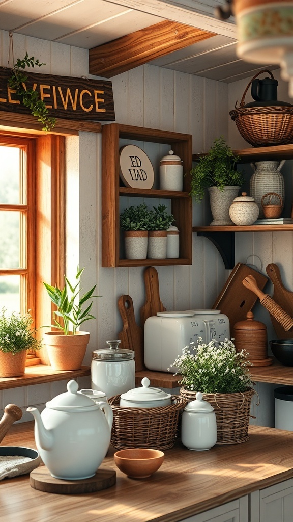 A rustic farmhouse kitchen with plants and vintage decor on shelves.