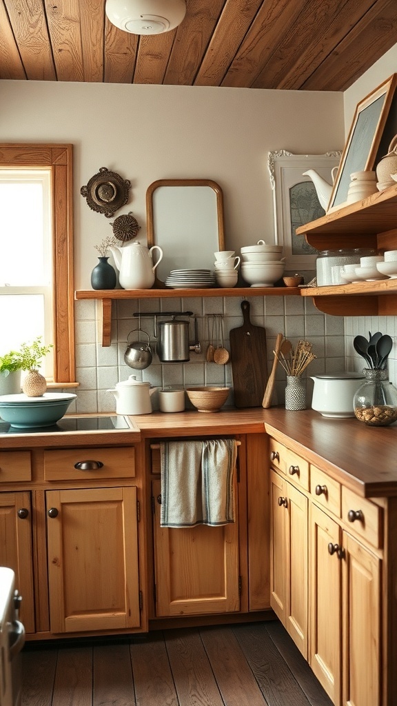 A cozy farmhouse kitchen with wooden cabinets, open shelves, and simple decor.