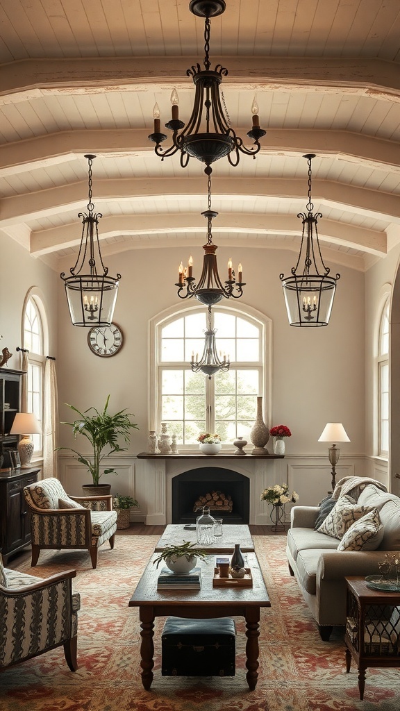 A cozy farmhouse living room with elegant lighting fixtures.