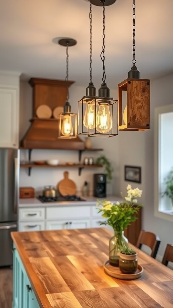 A cozy kitchen with rustic pendant lights and a wooden countertop.