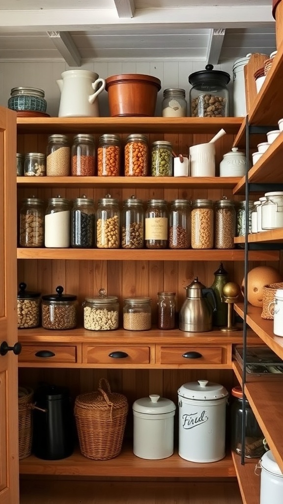 A well-organized farmhouse pantry with wooden shelves, glass jars, and baskets.