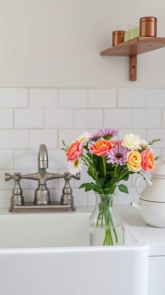 A charming farmhouse sink with vintage fixtures and a vase of colorful flowers