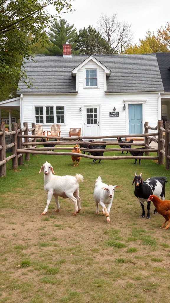 A charming fenced yard with goats and chickens near a modern farmhouse.