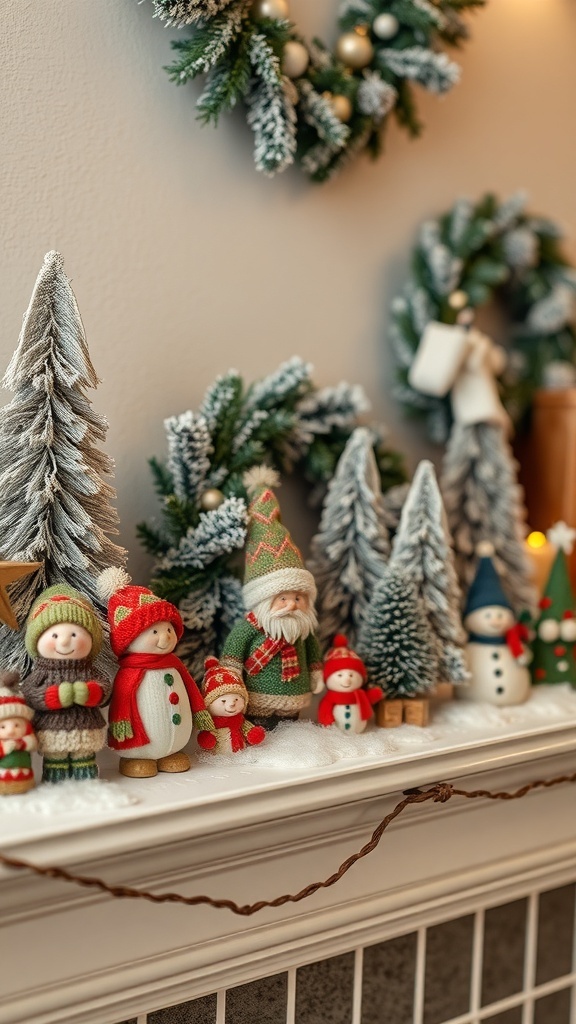 A winter mantle decorated with figurines, snowmen, and Christmas trees.