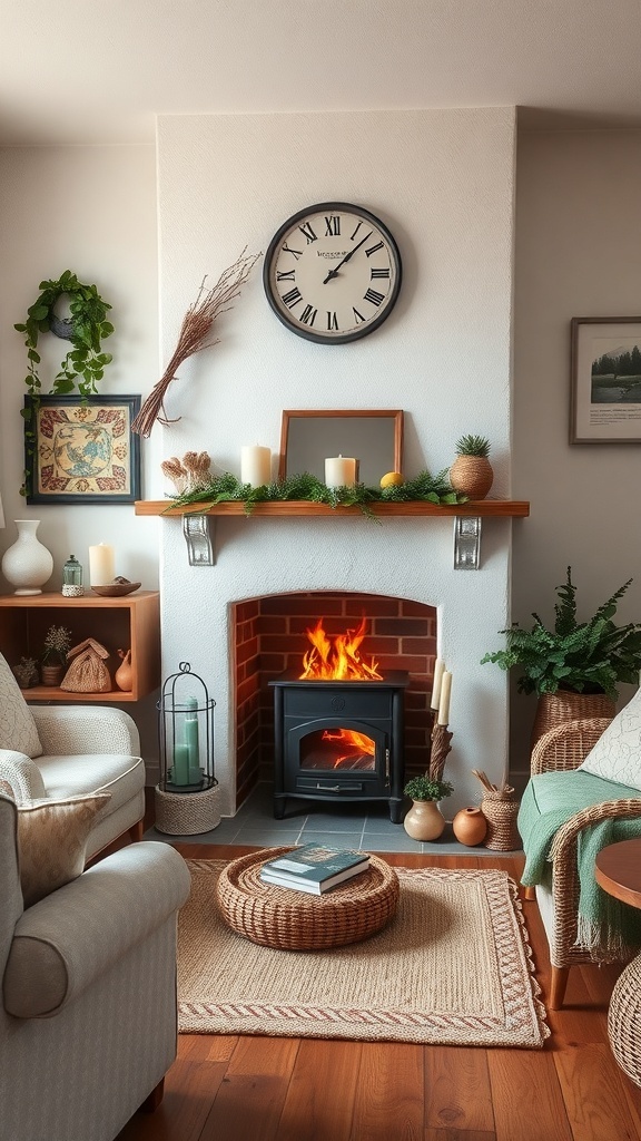 Cozy fireplace nook in a small cottage living room with candles and greenery.