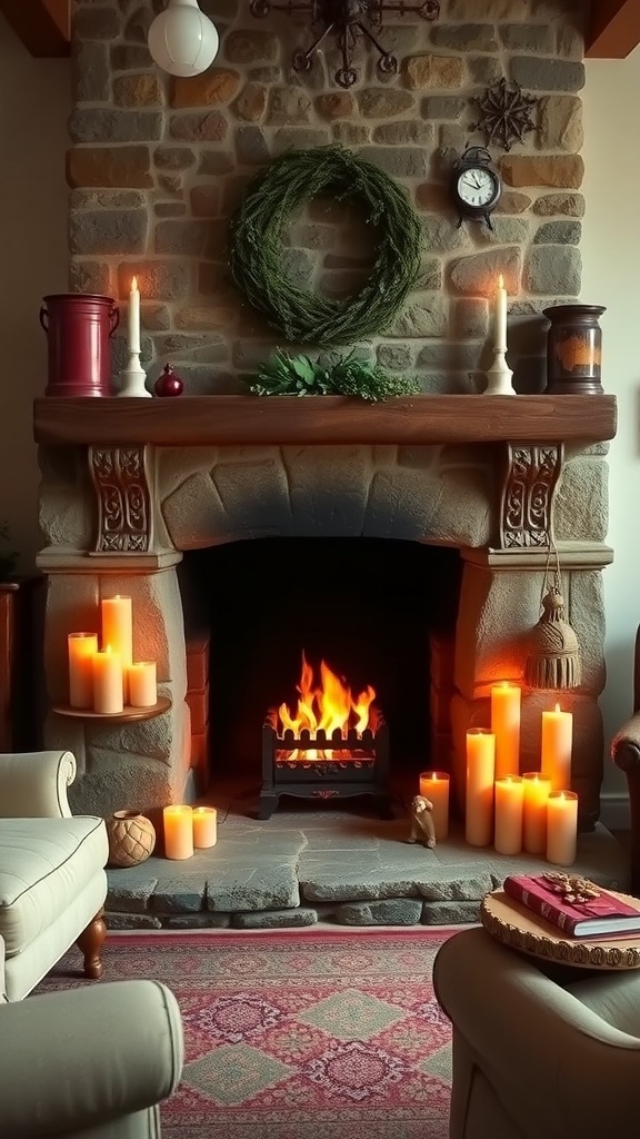 A charming fireplace with candles and a wreath in a cozy living room.