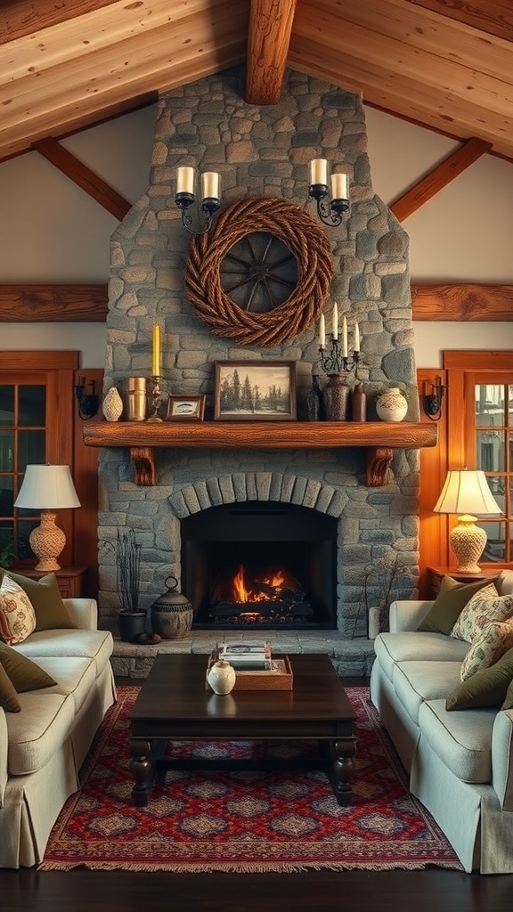 A rustic French country living room with a stone fireplace, wooden beams, and cozy seating.