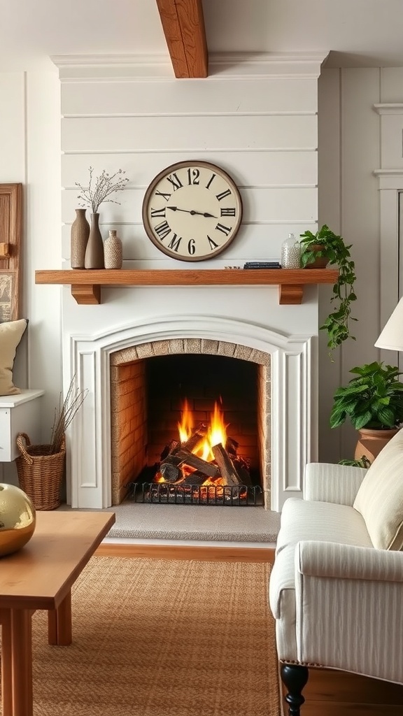 Cozy farmhouse living room with a fireplace, clock, and plants.