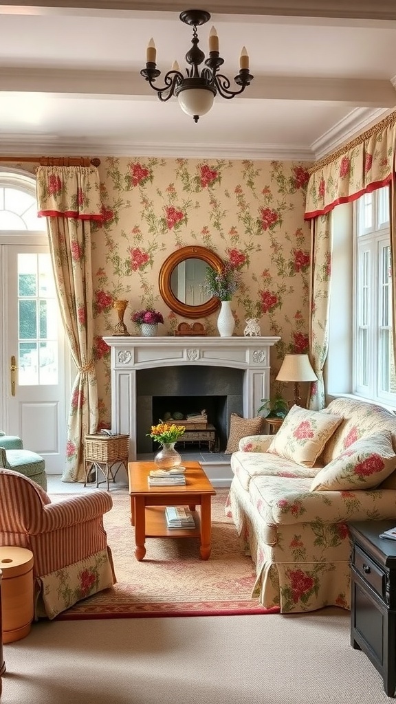 A cozy English cottage living room featuring floral patterns on curtains and furniture.