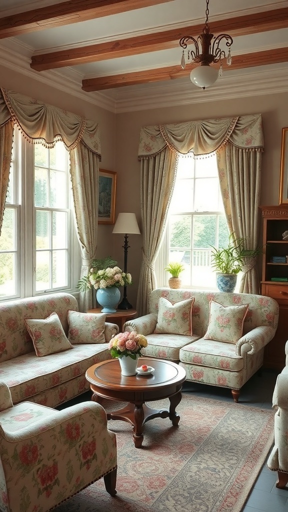 A vintage cottage living room with floral patterned furniture and curtains.
