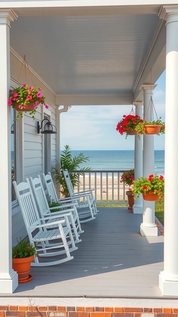 A charming front porch with rocking chairs and hanging flower pots overlooking the beach.