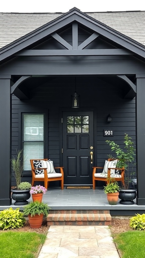 Charming black modern farmhouse front porch with seating and plants