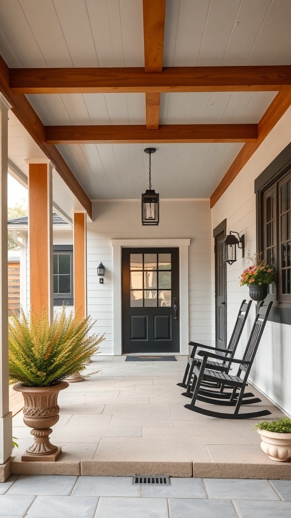A modern farmhouse front porch featuring wooden beams, rocking chairs, and potted plants.