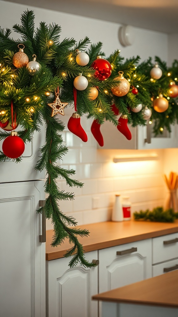 A beautifully decorated garland with ornaments and lights in a cozy kitchen setting.