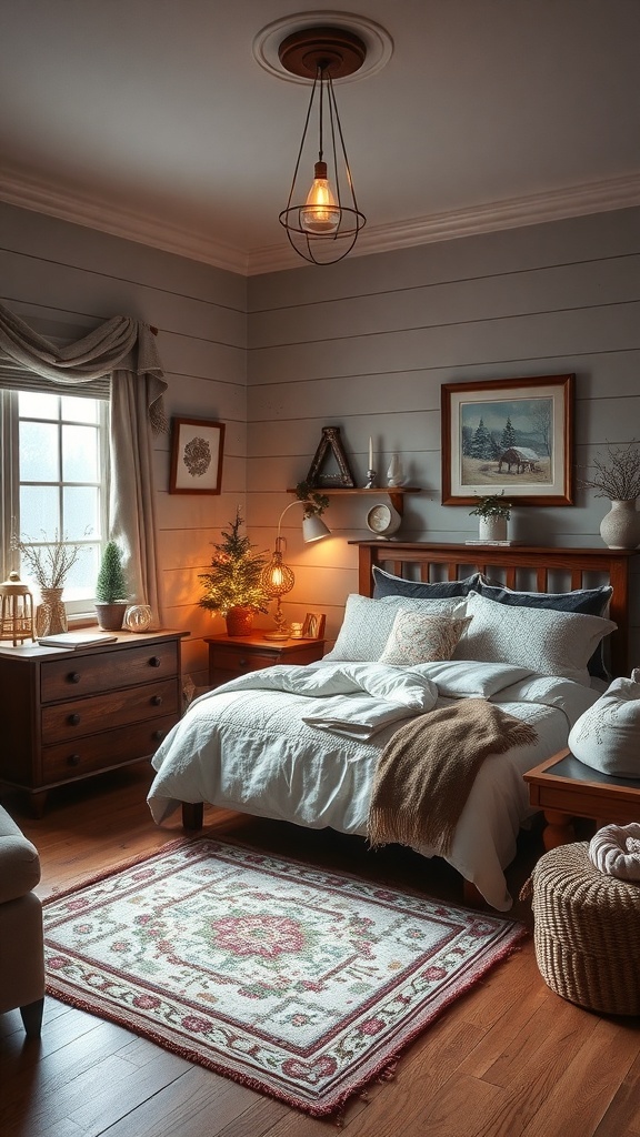 Cozy guest room with a bed, warm blankets, and winter decor.