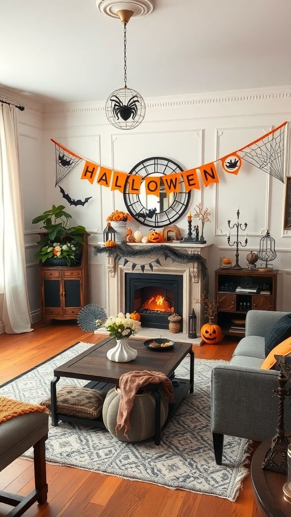 A cozy apartment decorated for Halloween with a banner saying 'HALLOWEEN', pumpkins, and other festive decorations.