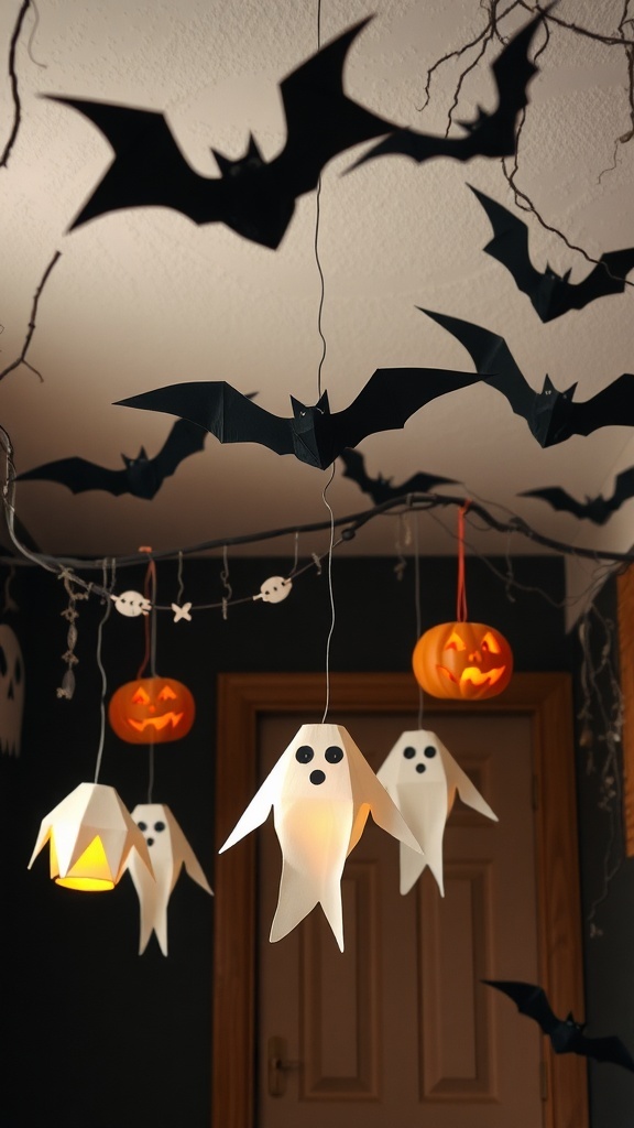 A Halloween-themed room decorated with hanging ghosts, bats, and glowing pumpkins.