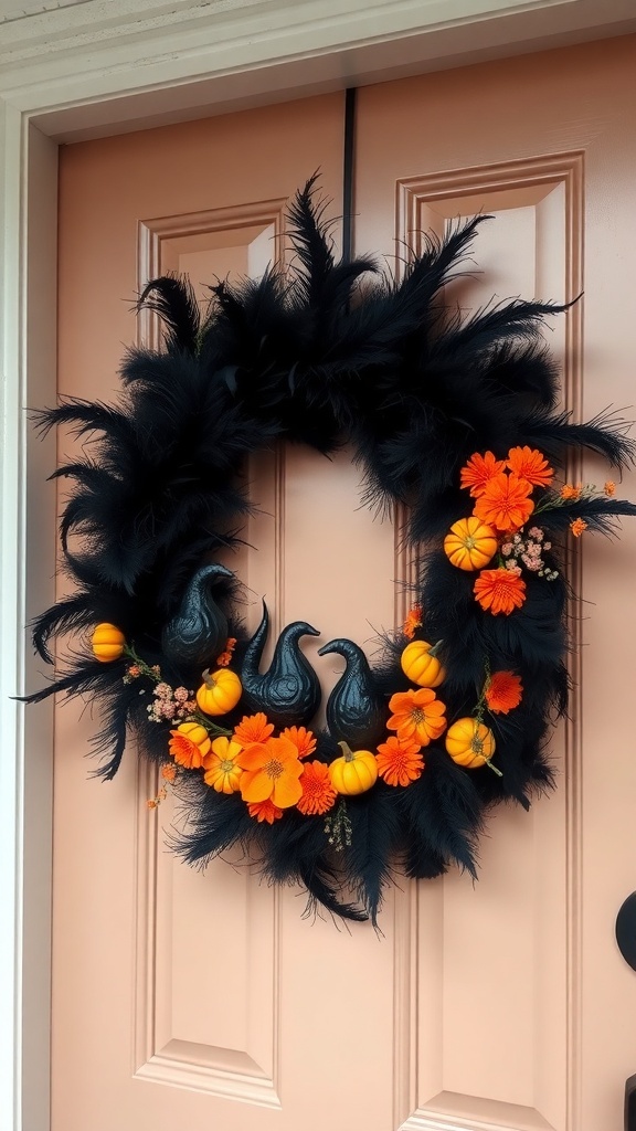 A Halloween wreath featuring black feathers, orange pumpkins, and black crows on a door.