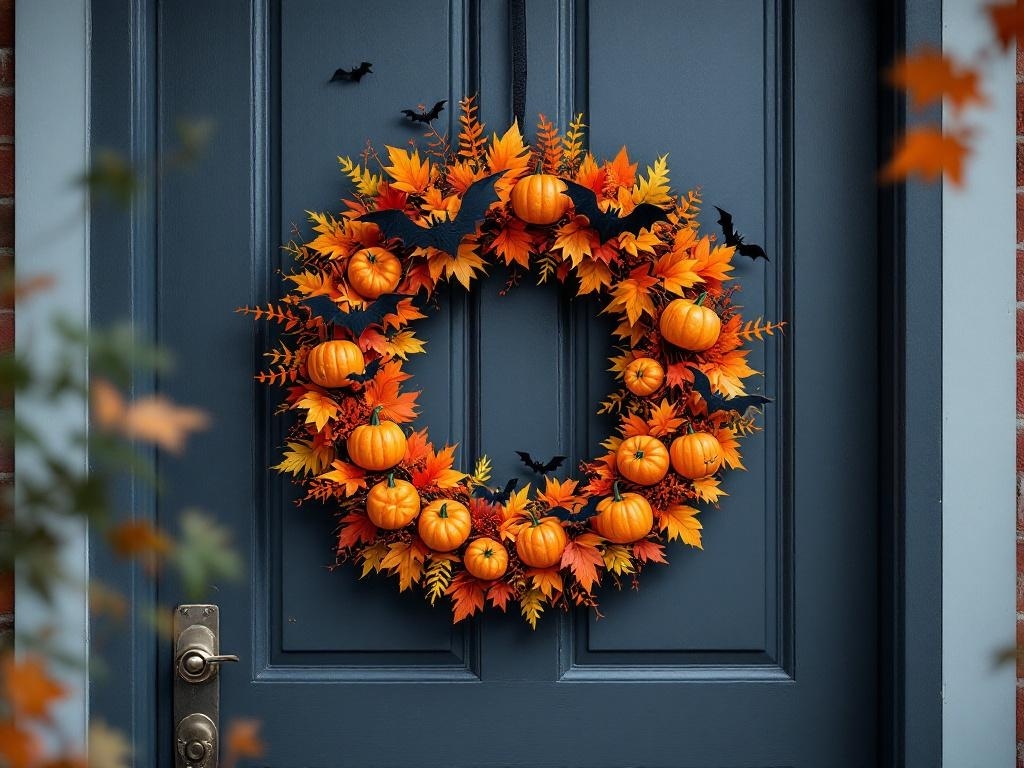 A Halloween wreath with pumpkins and autumn leaves on a blue door.