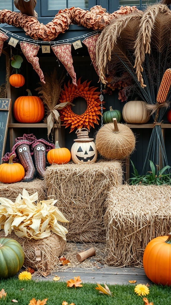 A charming Halloween front yard decor featuring pumpkins, hay bales, and festive decorations.