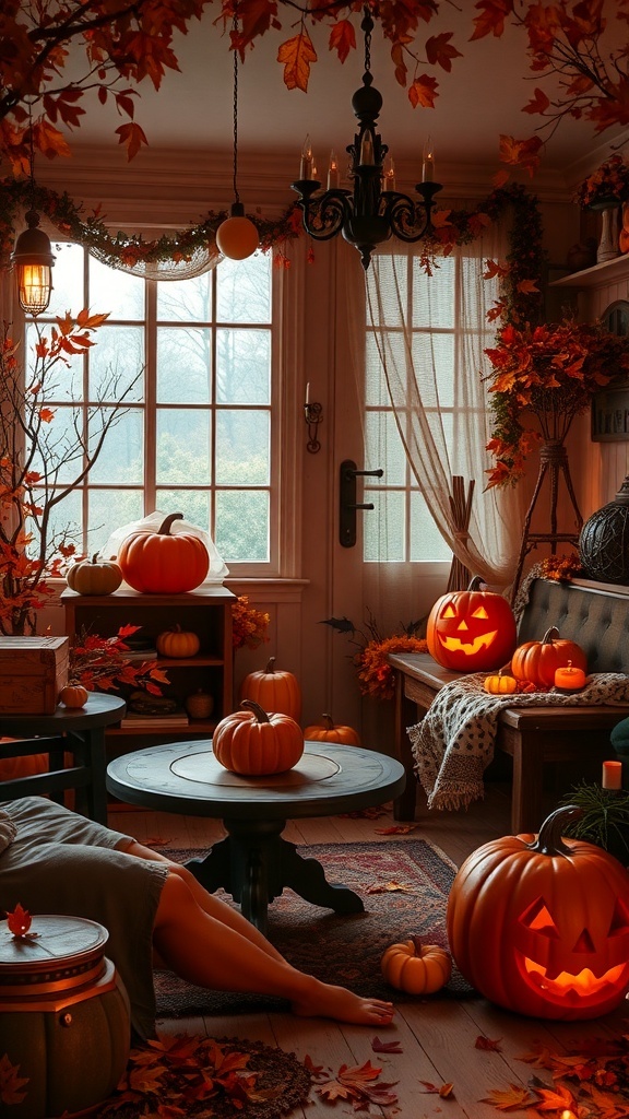 Cozy room decorated for Halloween with pumpkins and autumn leaves