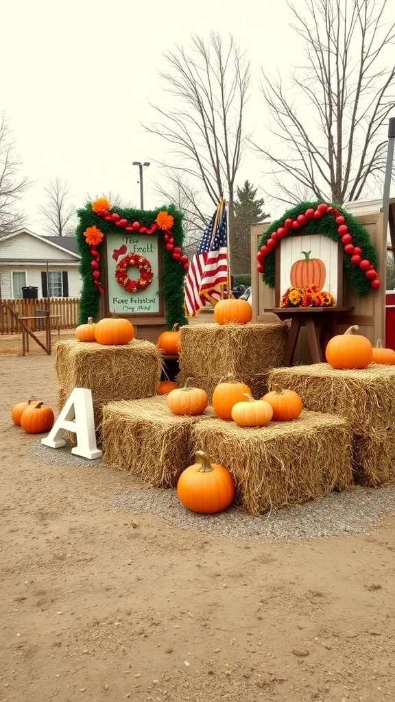 A display of hay bales decorated with pumpkins and fall-themed decor.
