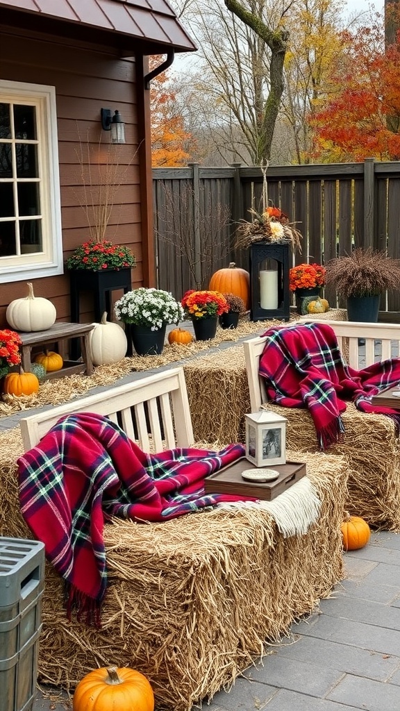Outdoor seating made of hay bales with plaid blankets, pumpkins, and flowers