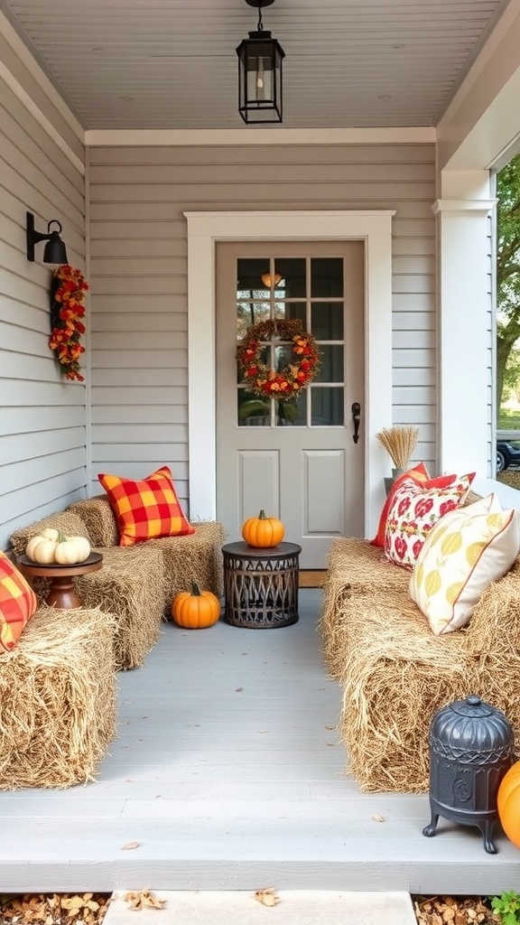 A cozy fall porch decorated with hay bale seating, colorful pillows, pumpkins, and a welcoming wreath.