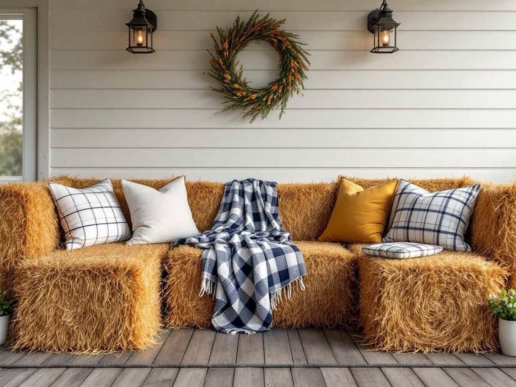 A cozy front porch with hay bales as seating, adorned with pillows and a blanket, creating a warm autumn vibe.