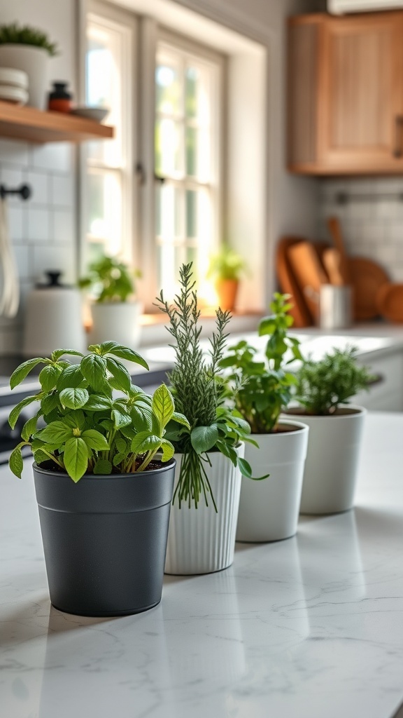 Four herb planters with various herbs on a kitchen counter.