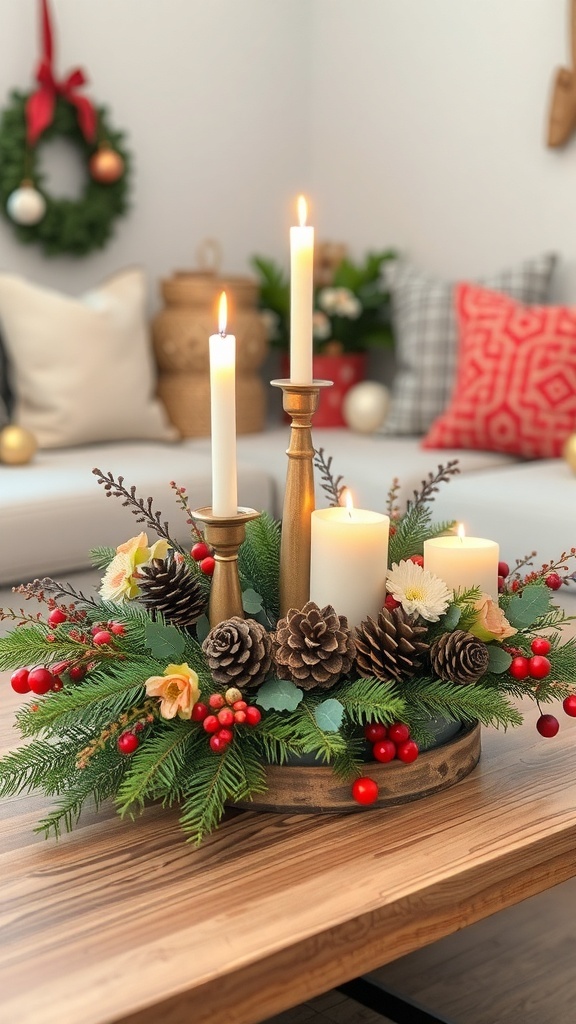 A festive holiday centerpiece featuring candles, pinecones, and greenery.