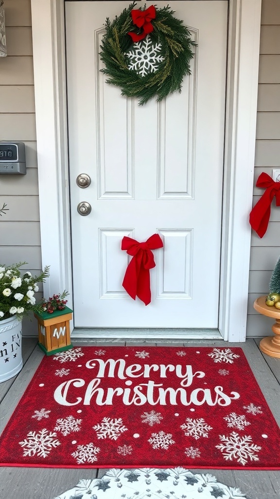 A festive red doormat with 'Merry Christmas' written on it, surrounded by holiday decorations.