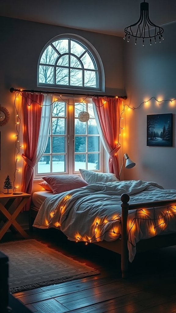 A cozy bedroom decorated with fairy lights around the window and bed, creating a warm holiday atmosphere.