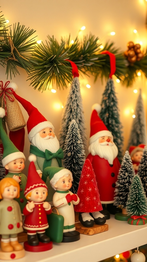 A collection of vintage Christmas figurines including Santa, elves, and Christmas trees.