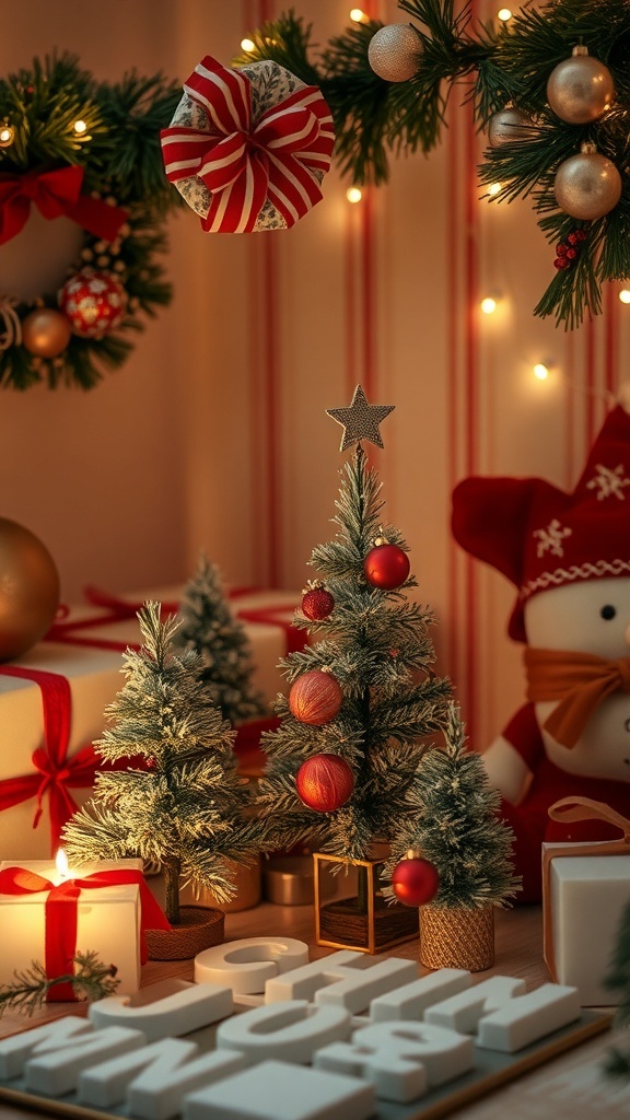 A cozy winter decor scene featuring small Christmas trees, candles, and festive decorations.