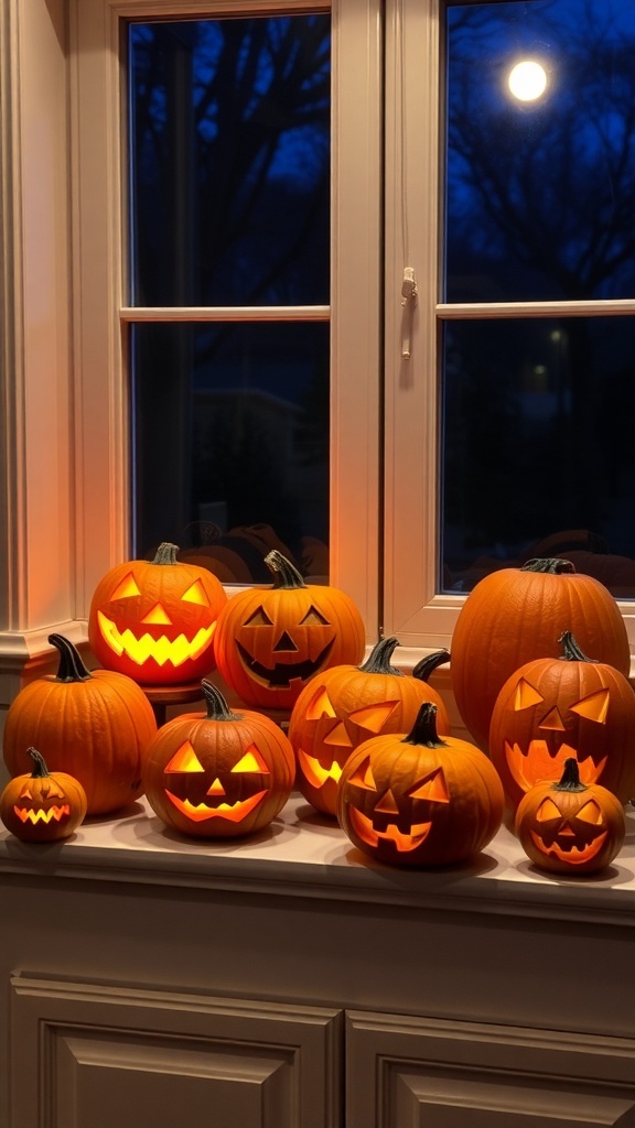 A collection of carved jack-o'-lanterns glowing in a kitchen window during the evening.