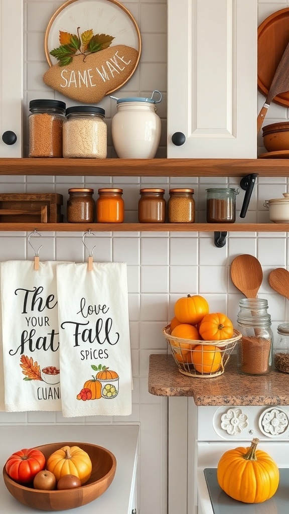 A cozy kitchen decorated for fall with pumpkins, jars, and seasonal towels.