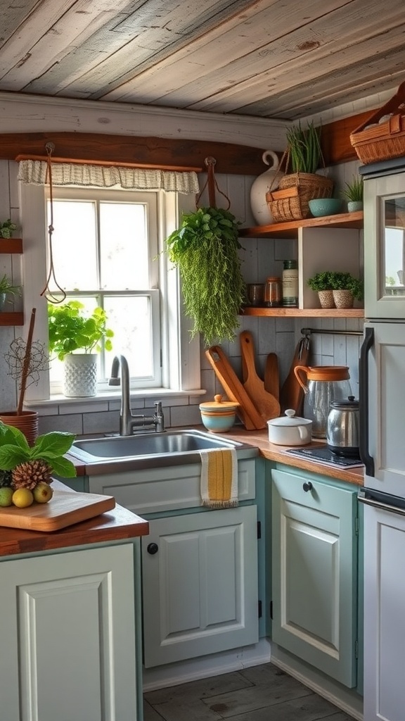 A rustic kitchen with wooden shelves, plants, and a cozy atmosphere.