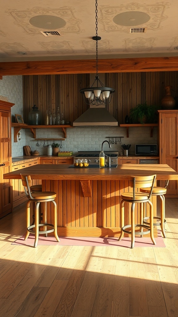 A rustic farmhouse kitchen featuring a charming wooden kitchen island with stools and warm lighting.