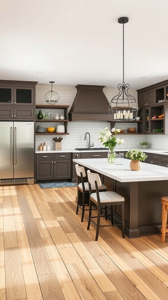 A luxury farmhouse kitchen featuring a stylish island with seating, modern appliances, and warm wooden flooring.