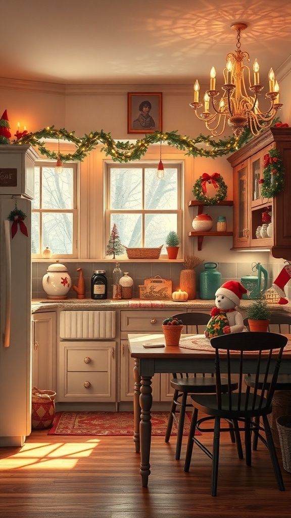 A charming kitchen decorated for the holidays with garlands, a snowman, and warm lighting.