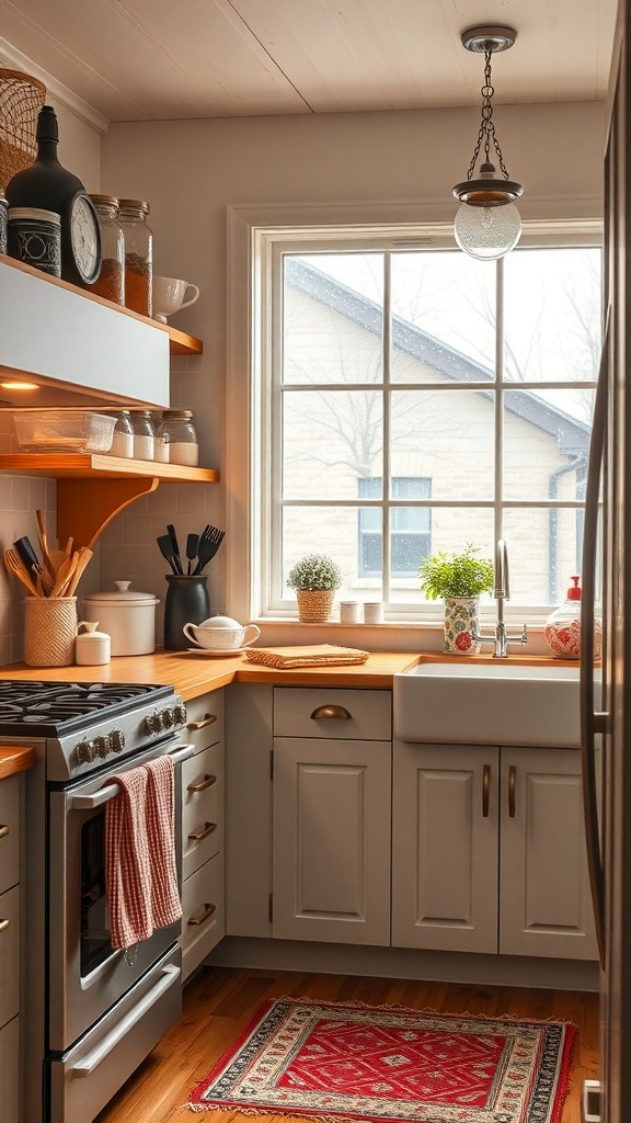 A cozy kitchen decorated for winter with garlands and a small tree.
