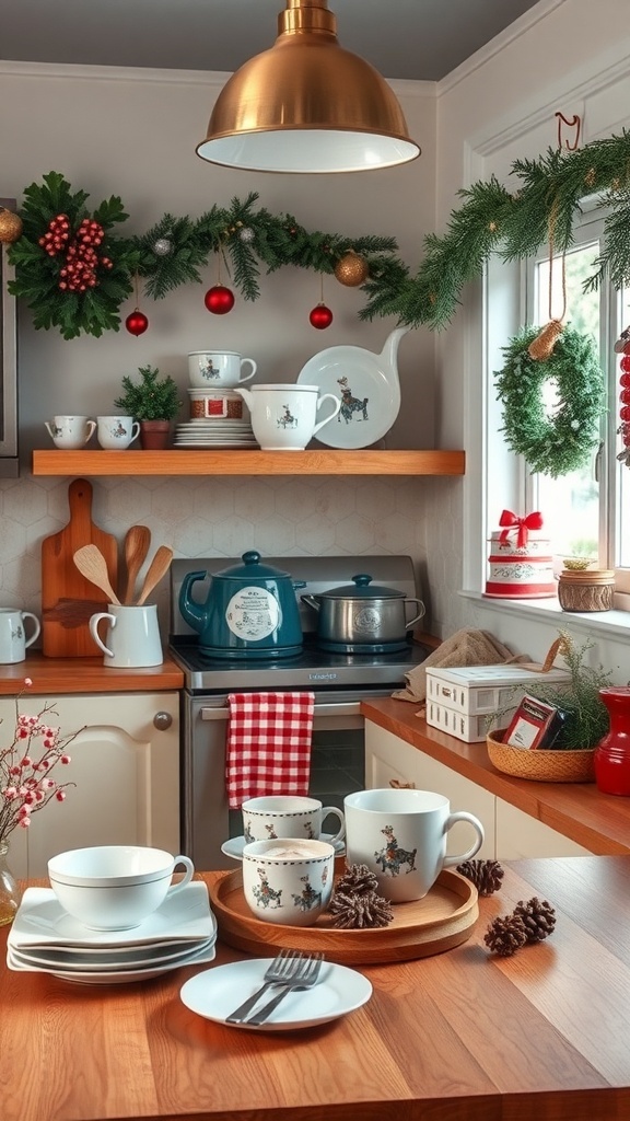 A cozy kitchen decorated with winter touches, featuring a garland, festive dishware, and pinecones.