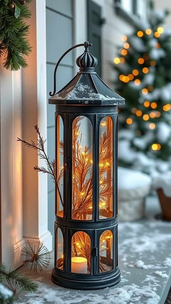 A decorative lantern with lights and branches, placed at a winter front door.